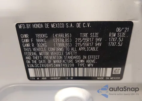 2021 Honda Hr-V Awd Ex from USA, damaged, VIN 3CZRU6H53MM749208